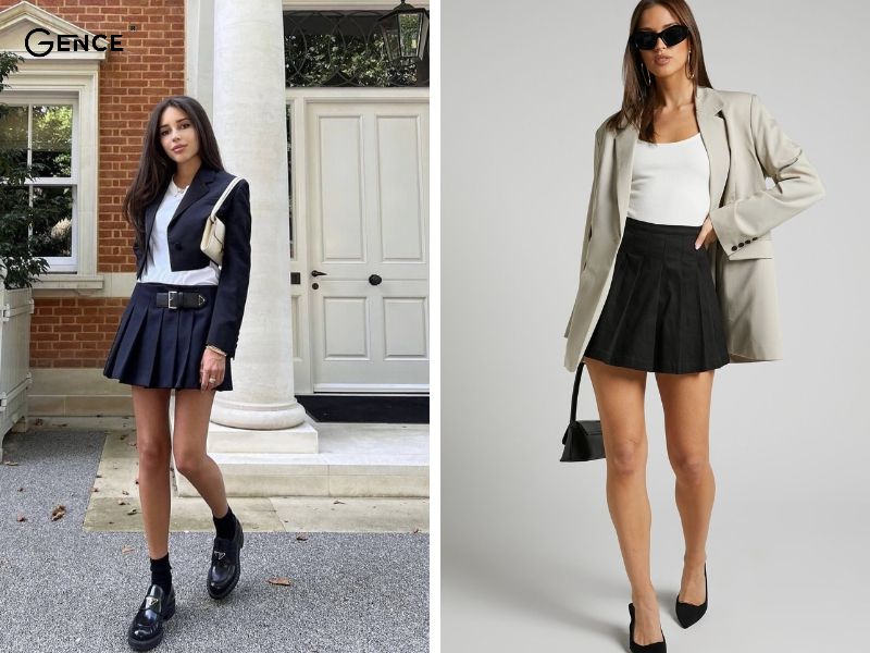 Phối blazer cùng chân váy xếp ly thanh lịch và trẻ trung