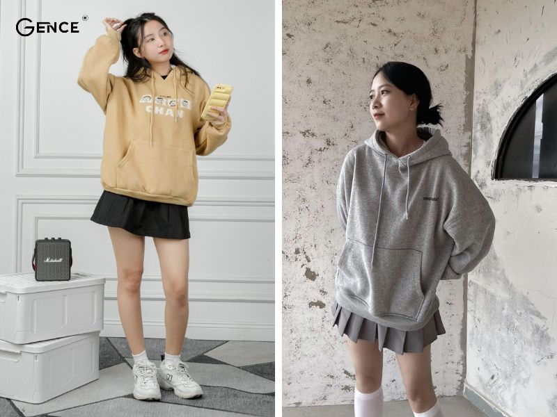 Phối đồ với chân váy ngắn xếp ly cùng hoodie