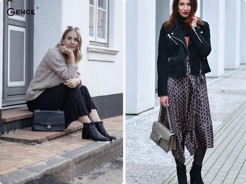 Diện style nữ tính với boot cổ thấp và chân váy midi