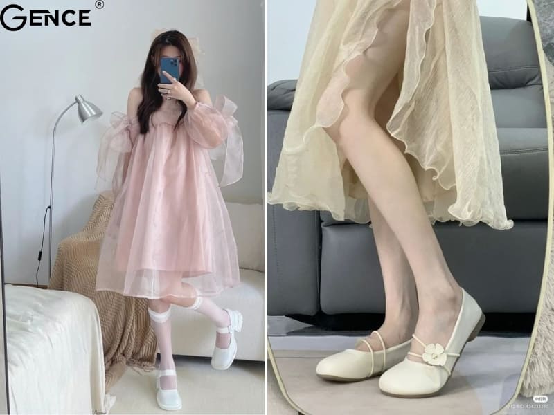 Nữ tính hơn khi kế hợp giày búp bê nữ với váy nơ