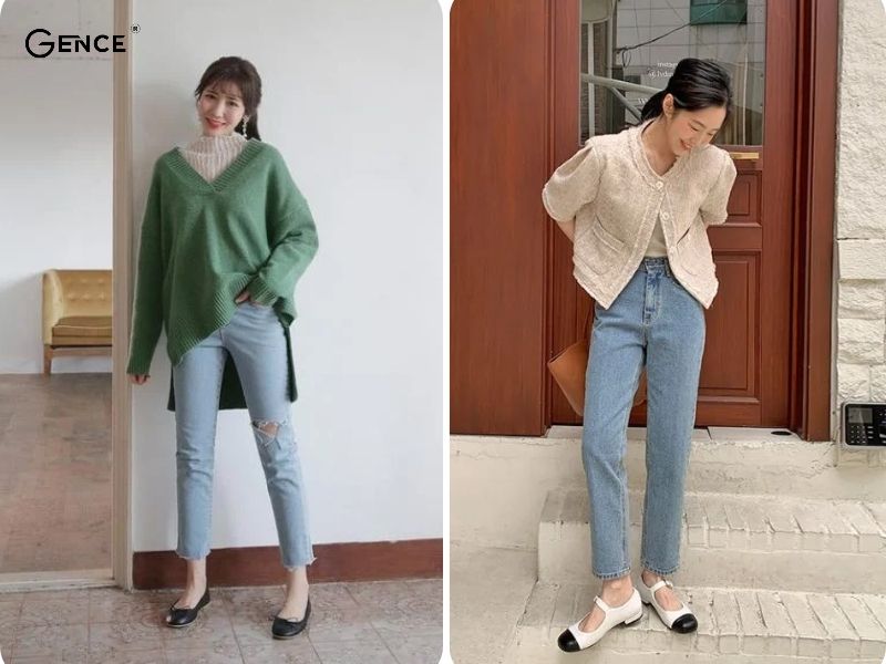 Phối đồ với giày búp bê và quần jean skinny mang đến cảm giác thoải mái