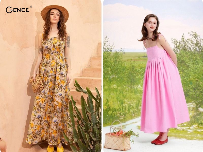 Phối đồ với giày búp bê cùng đầm maxi nữ tính