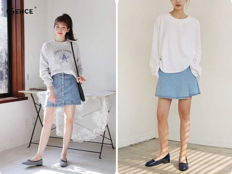 Phối đồ với giày búp bê cùng chân váy ngắn denim và giày búp bê