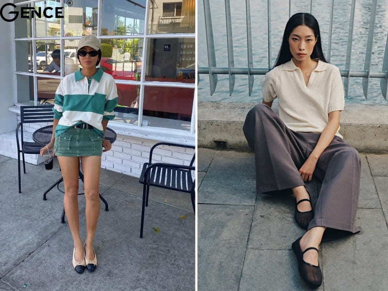 Thanh lịch khi phối giày búp bê với áo polo