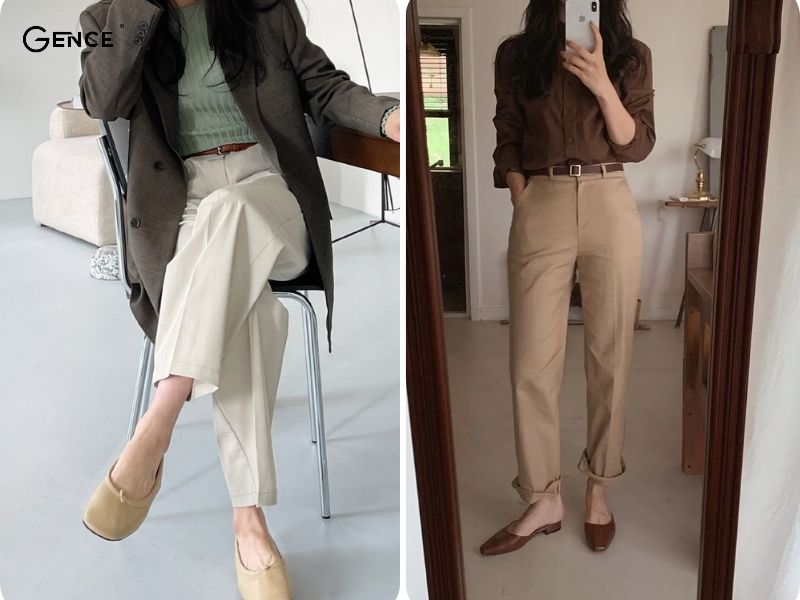 Phối đồ với giày búp bê và quần tây xu hướng thời trang công sở