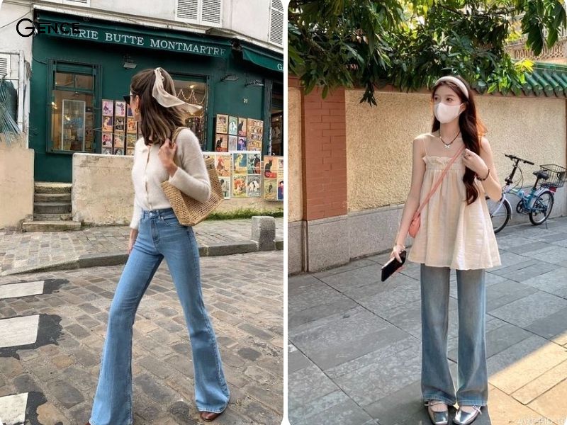 Phối đồ với giày búp bê và quần jean ống loe tôn dáng