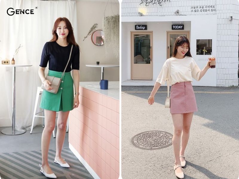 Chân váy chữ A phối cùng giày búp bê nữ tính