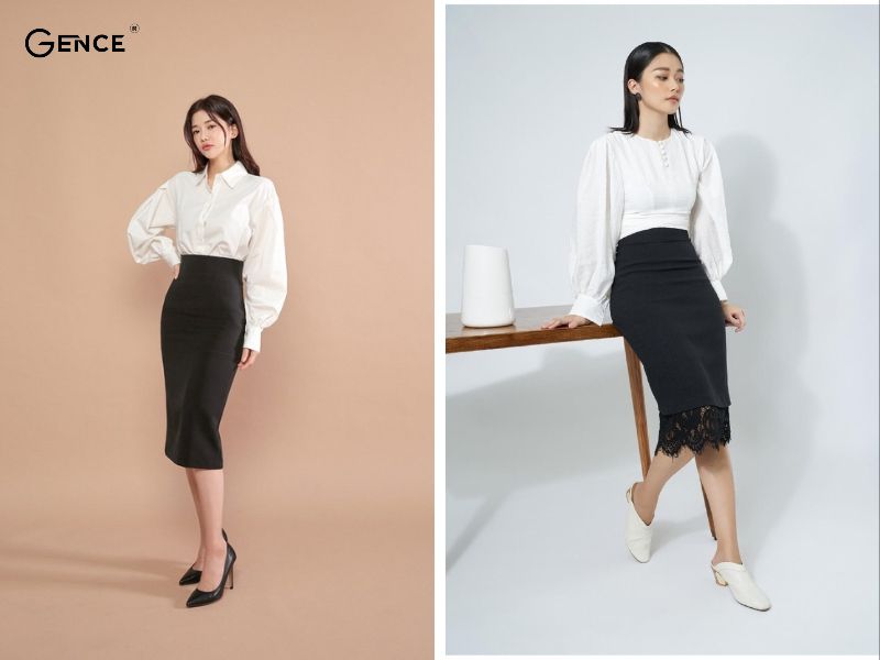 Chân váy bút chì mix-match cùng giày cao gót