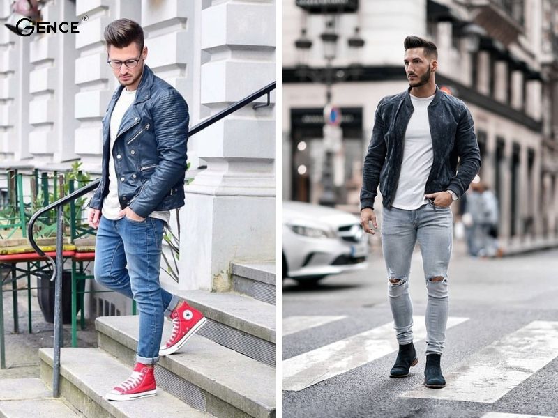 Phối đồ với giày cổ cao nam cùng áo khoác da
