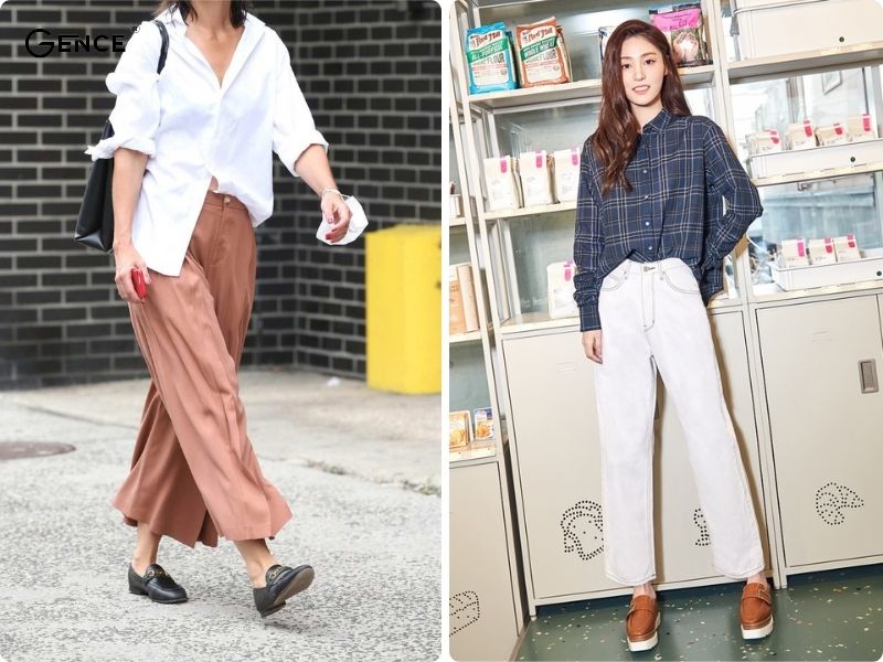 Phối quần ống rộng với giày lười nữ dịu dàng, cá tính