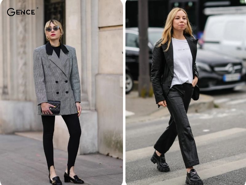 Phối đồ với giày lười đen nữ, áo blazer và quần tây