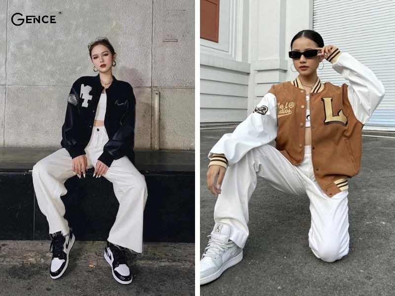 Phối đồ với giày nike nữ cùng áo khoác bóng chày, quần ống rộng