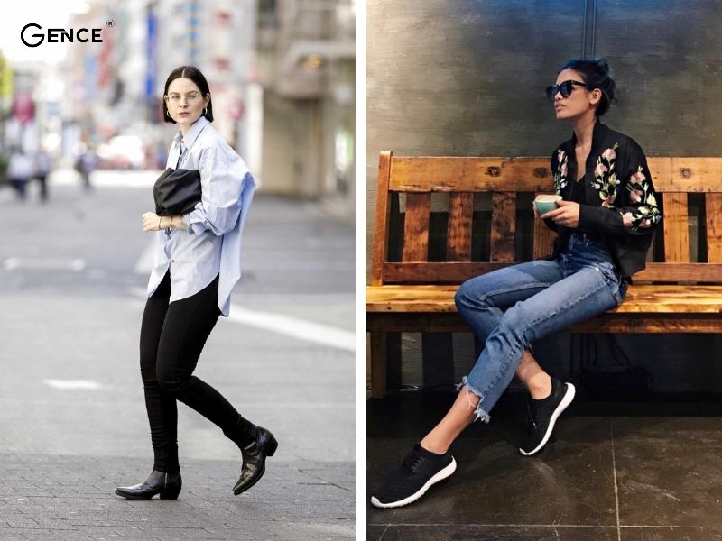 Kết hợp áo sơ mi, quần jean và sneaker nữ