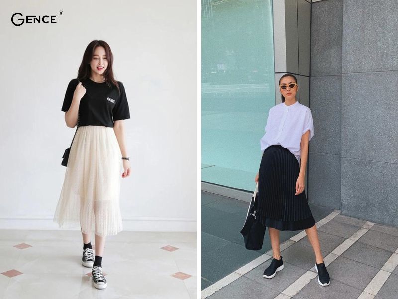 Bộ đôi hoàn hảo áo phông, chân váy và sneaker đen