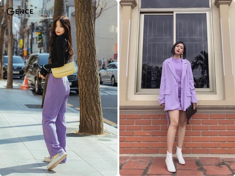 Phối màu tím pastel và đen trên cùng 1 trang phục đơn giản và tinh tế