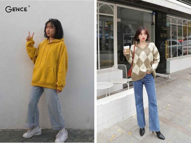 Giữ ấm cơ thể với set đồ quần jean ống rộng và sweater