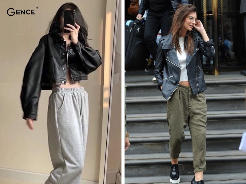 Phối áo khoác da cùng quần jogger