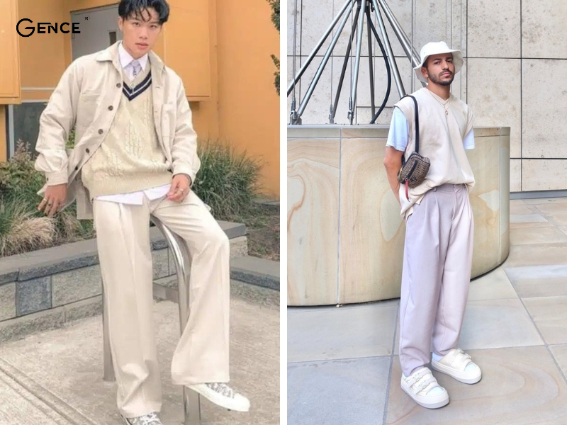 Lịch lãm với set đồ áo sơ mi, gile, khoác kaki và quần ống rộng