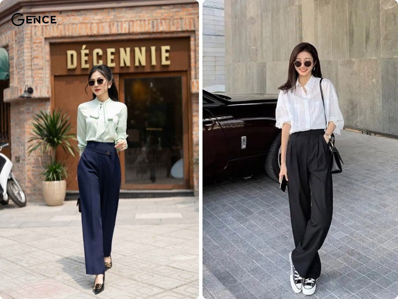 Kết hợp quần ống suông và áo sơ mi thanh lịch