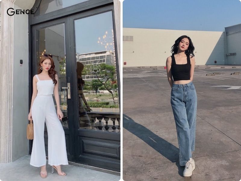 Áo hai dây phối cùng quần ống suông thể hiện sự nữ tính