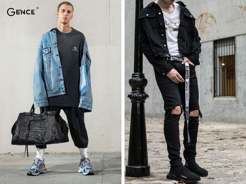 Phối giày Balenciaga cùng áo khoác bò và áo phông