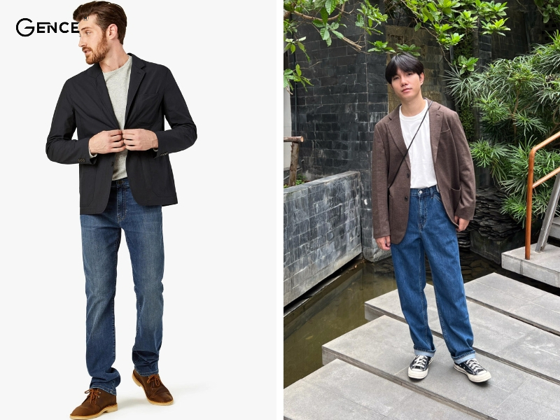 Phối quần jean ống rộng nam trưởng thành với vest hoặc blazer
