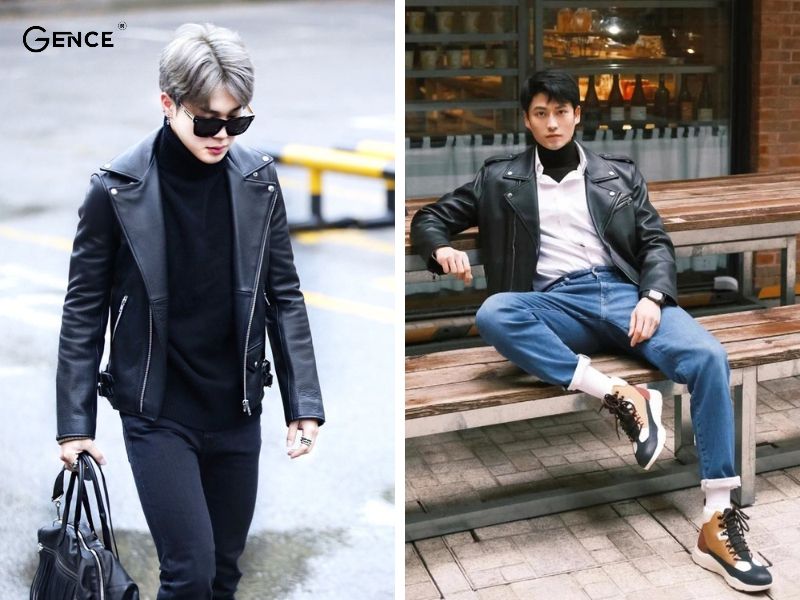 Mix-match áo len cổ lọ cùng áo khoác da