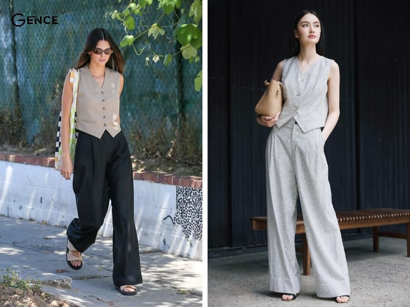 Trẻ trung khi mix-match áo gile và quần ống rộng