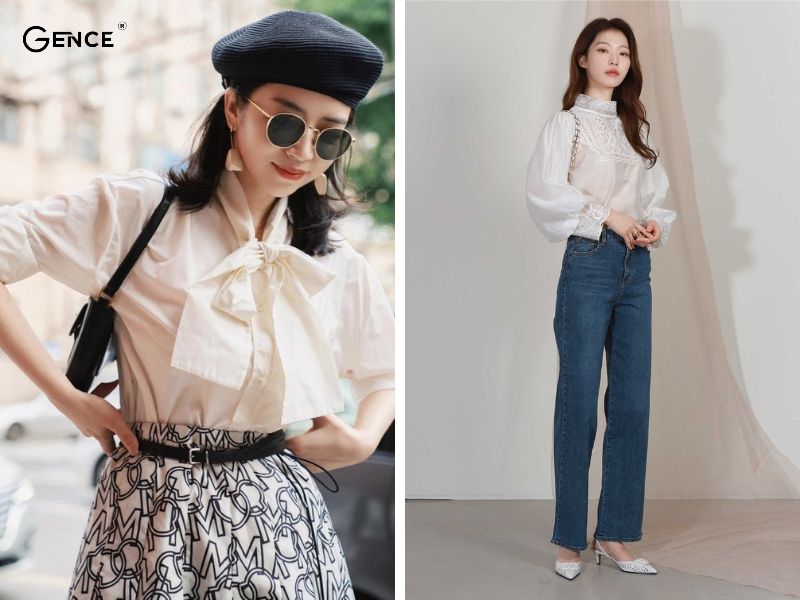 Phối áo blouse thắt nơ và áo peasant blouse theo style vintage