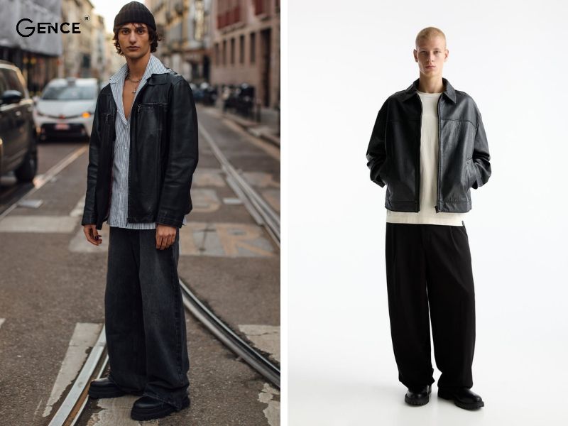 Phá cách khi mix áo khoác da cùng quần ống rộng nam