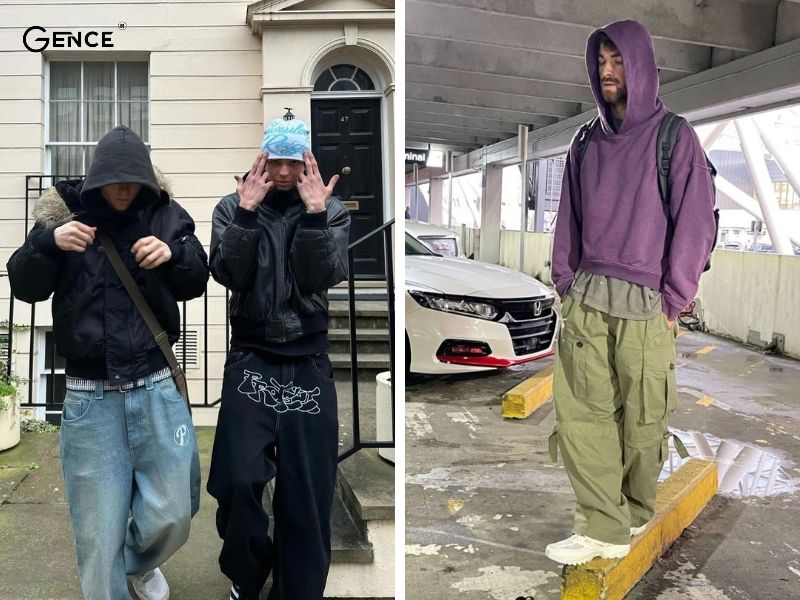 Áo hoodie mix-match với quần ống rộng nam