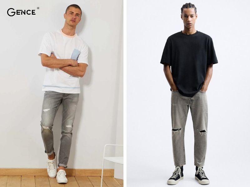 Phối quần jean xám với áo phông basic