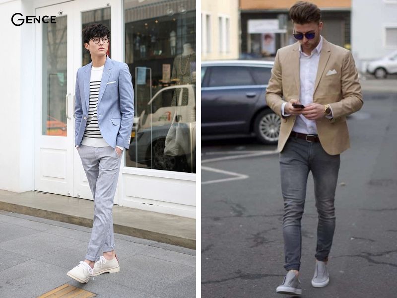 Mix-match quần jean xám cùng áo blazer