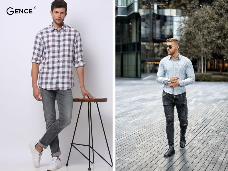 Kết hợp sơ mi lãng tử cùng quần jean xám