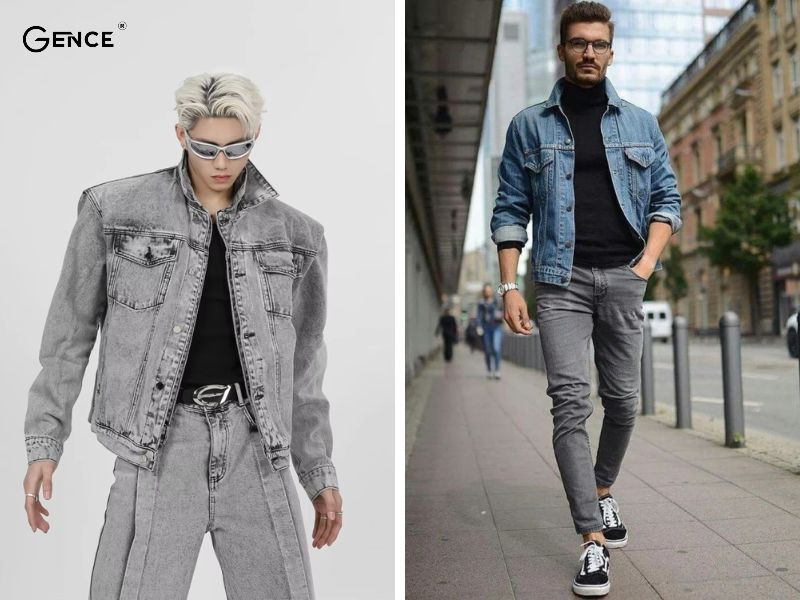 Phối quần jean xám và áo khoác bò