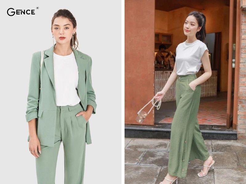 Màu trắng và màu xanh rêu tôn lên vóc dáng và làn da