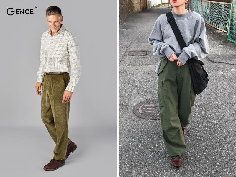 Áo xám kết hợp với quần xanh rêu phù hợp cho hoạt động hàng ngày