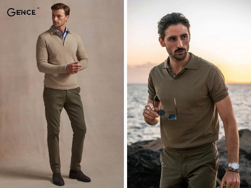 Áo nâu mix-match với quần xanh rêu phù hợp với mọi người