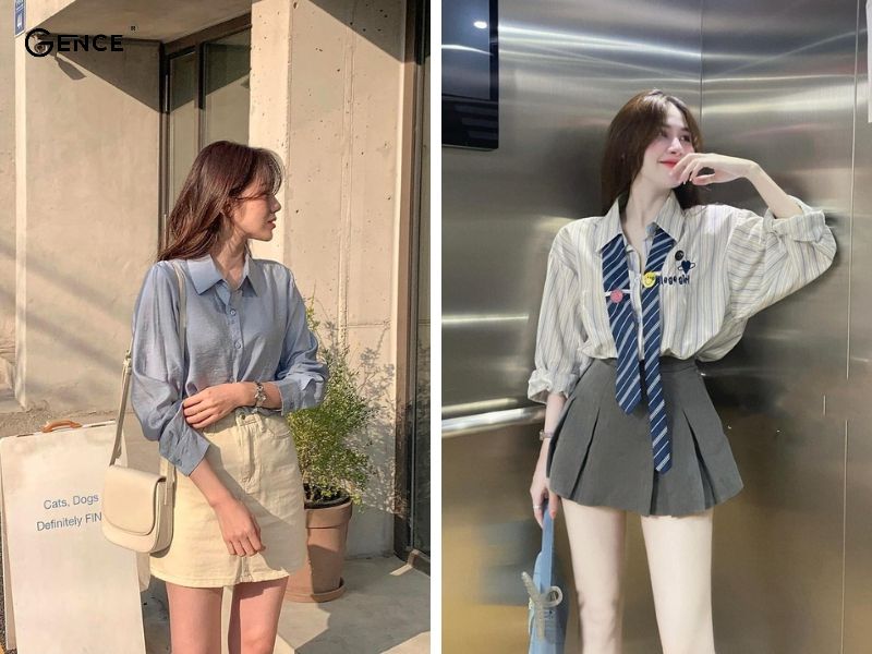 Set đồ thời trang cùng áo sơ mi oversize và chân váy ngắn