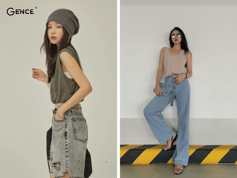Tank top kết hợp với quần jeans nữ