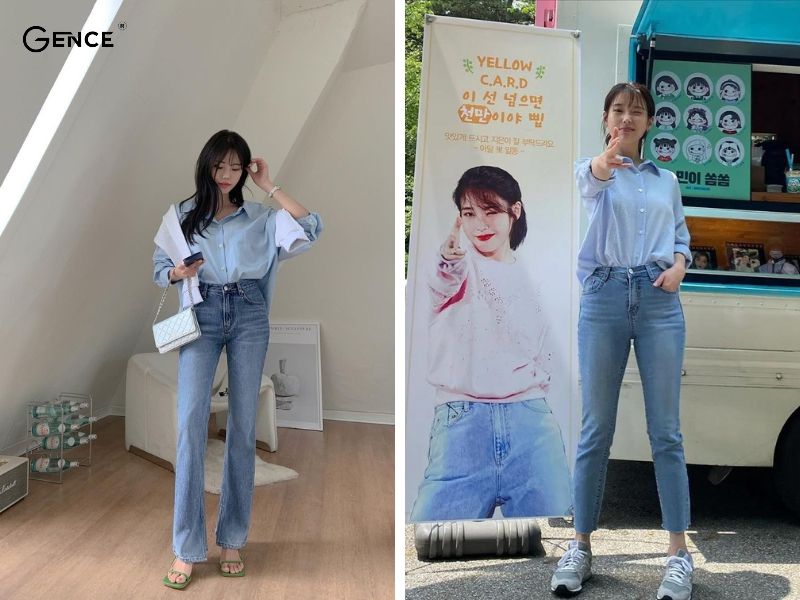 Thanh lịch cùng set đồ quần jean và sơ mi xanh dương