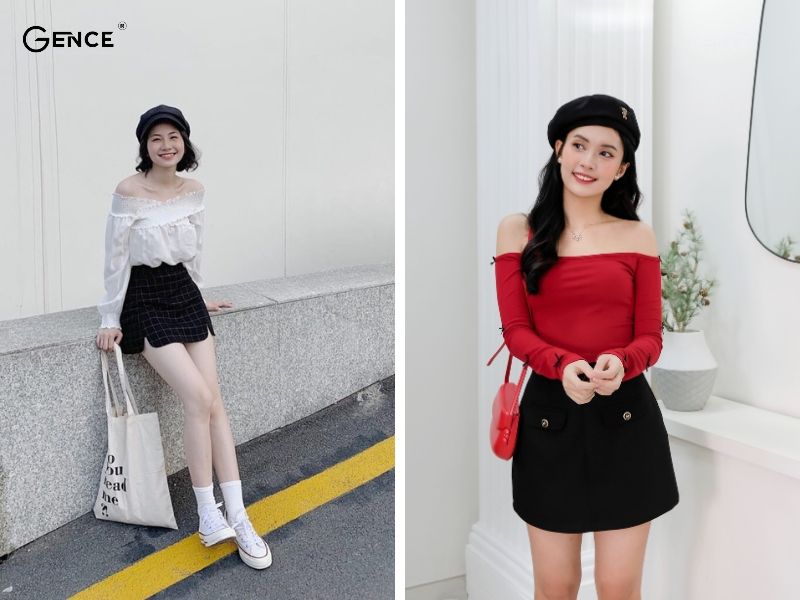 Áo trễ vai phối với chân váy ngắn