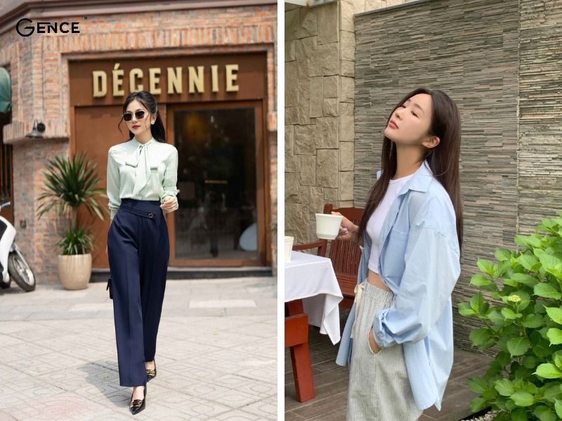 Áo sơ mi mix cùng quần tây ống suông
