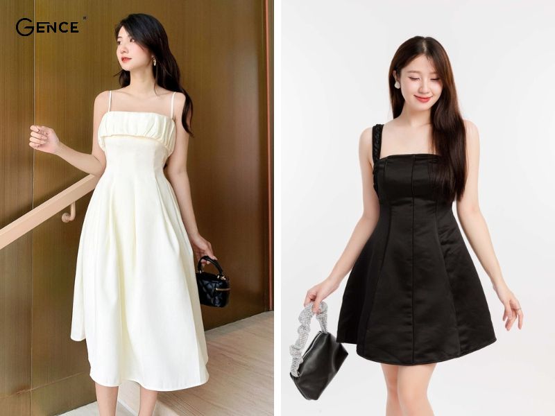 Trang phụ đi đám cưới với đầm hai dây