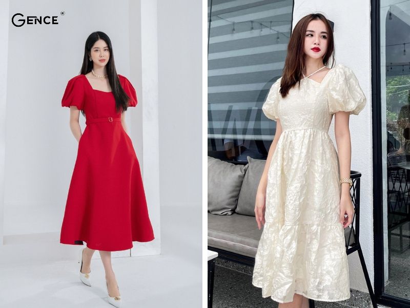 Váy tay phồng tôn dáng cho nữ đi đám cưới