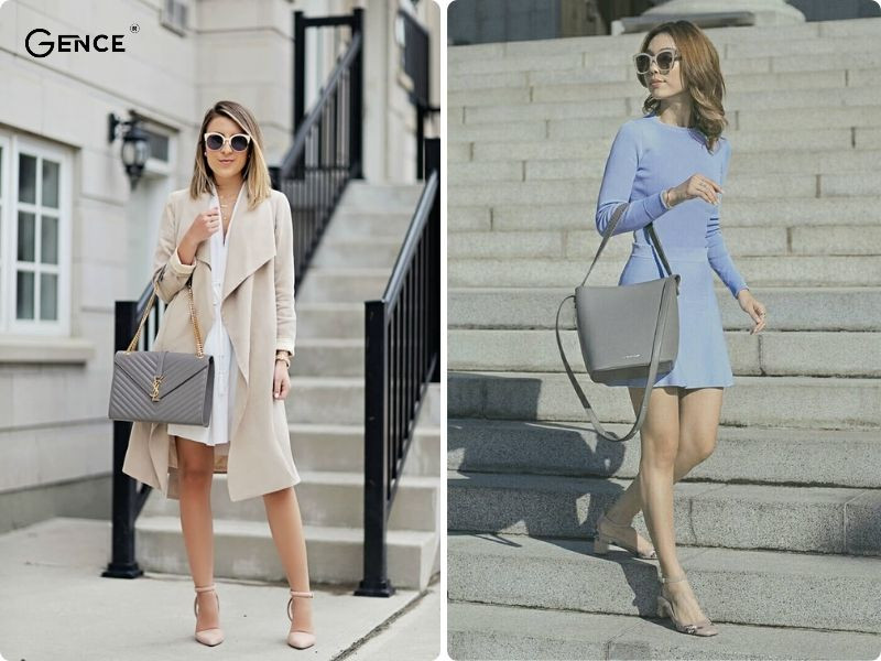 Túi xách màu xám thanh lịch được chọn cho outfit công sở