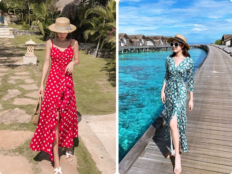 Mẫu váy hoa nhí cổ V cho người thấp đi biển