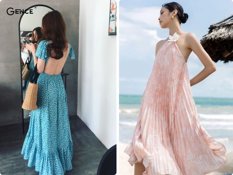 Mẫu đầm maxi khoét lưng đẹp cho người thấp đi biển