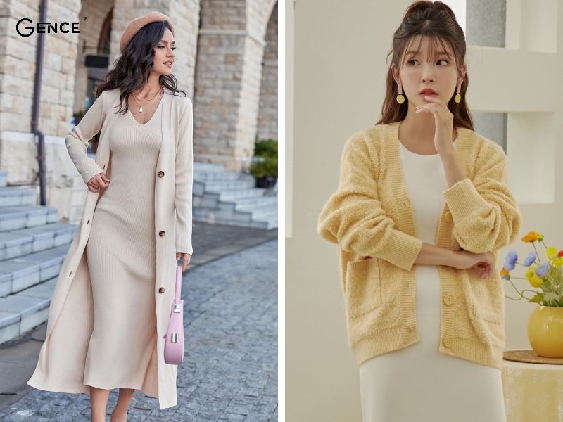Váy len ôm phối đồ với áo cardigan nữ