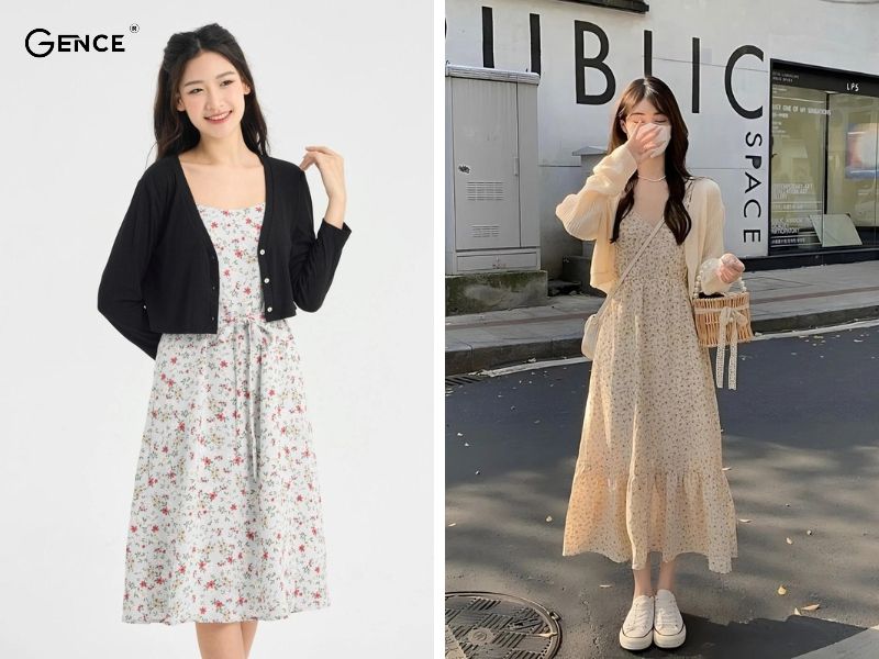 Váy liền thân mix với cardigan